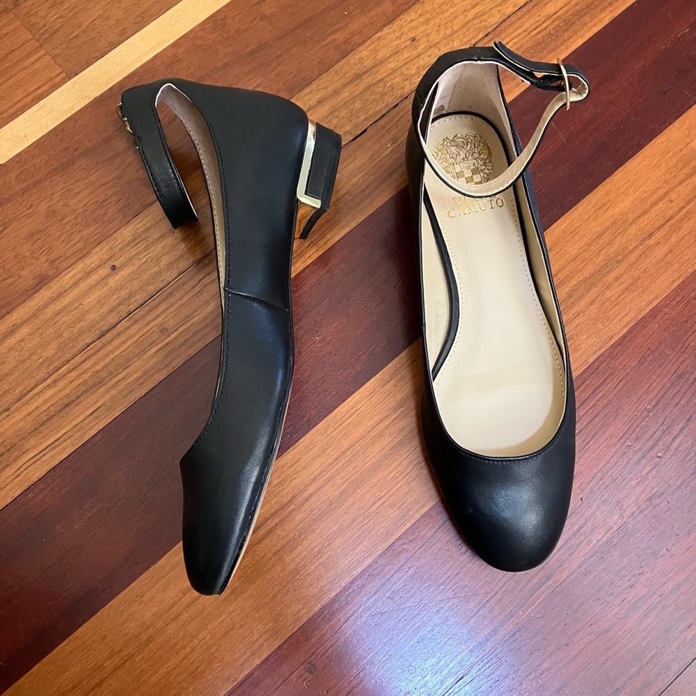 Vince Camuto Black Gold Leather Ankle Strap Mary Janes